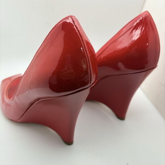Casadei Red Blade Patent Leather Peep Toe Wedges 6.5 Made In Italy 4 INCH Heel - Picture 7 of 8